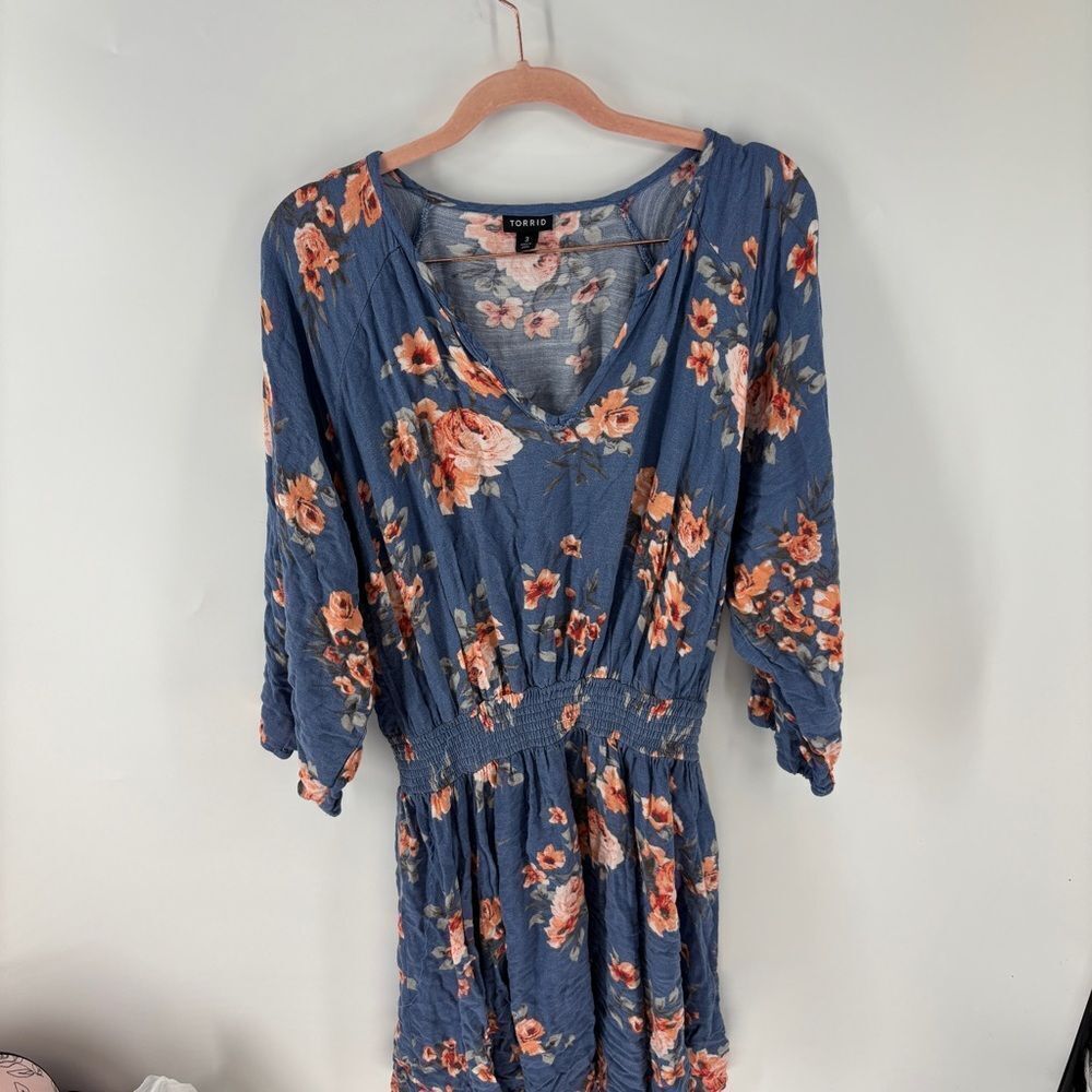 Torrid blue Sundress with peach flowers V-Neck and half Sleeves women’s 3